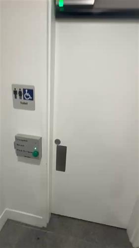 Automatic accessible toilet door with wall-mounted push control